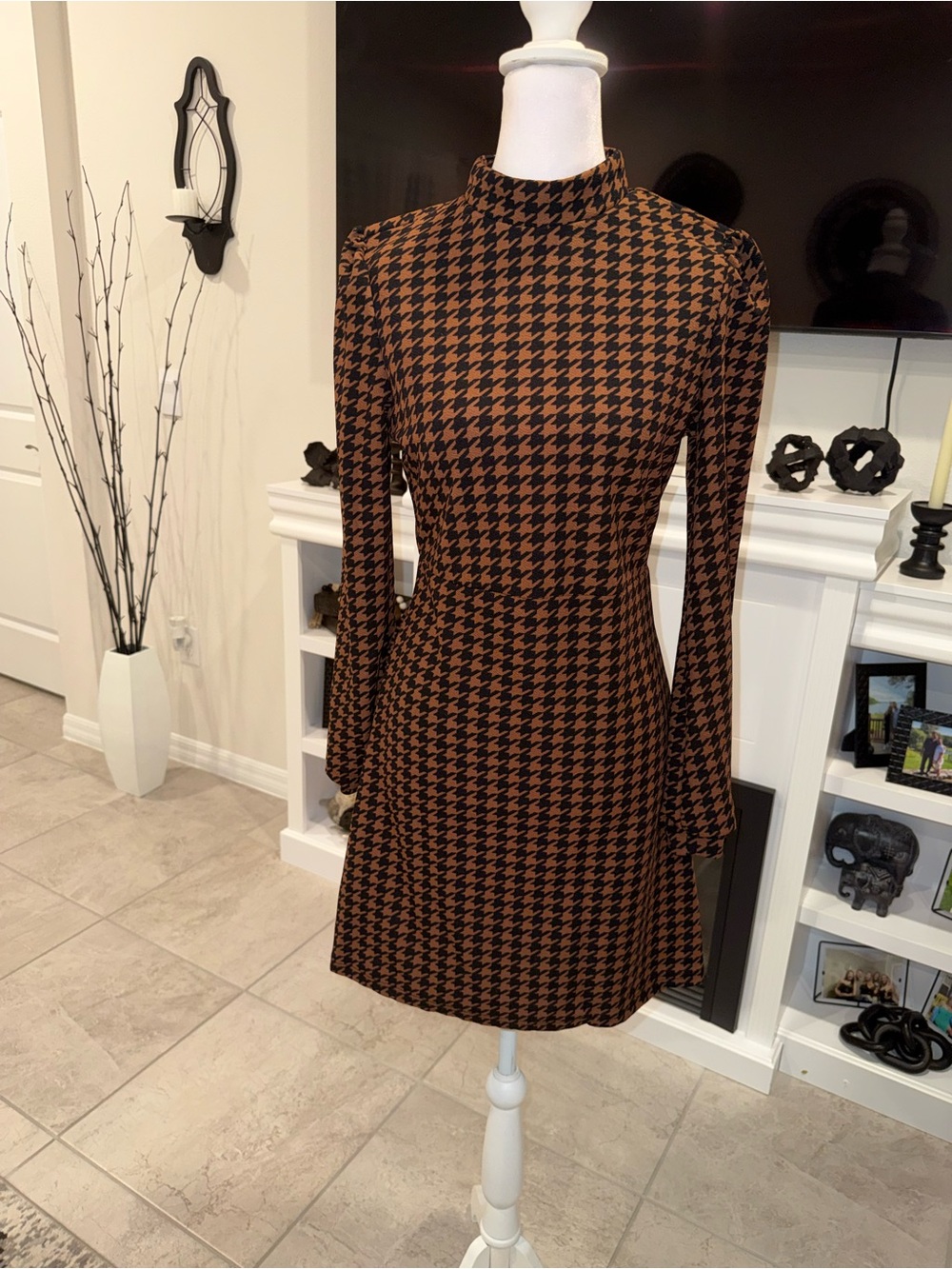 3 x 20$ SHEIN Black & Brown Houndstooth Mock Neck Mini Dress Size S
